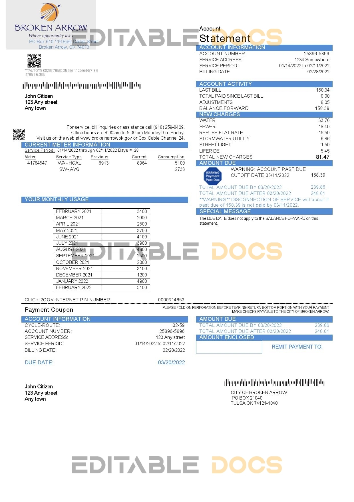 USA Oklahoma City of Broken Arrow utility bill template in Word and PDF format