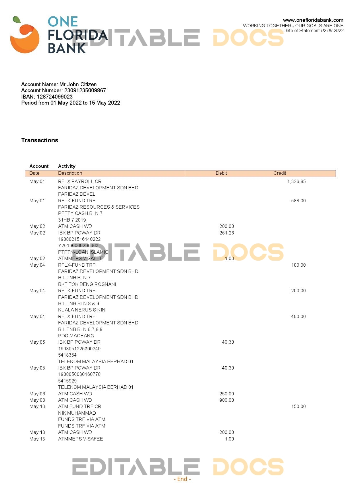 USA One Florida bank statement, Word and PDF template