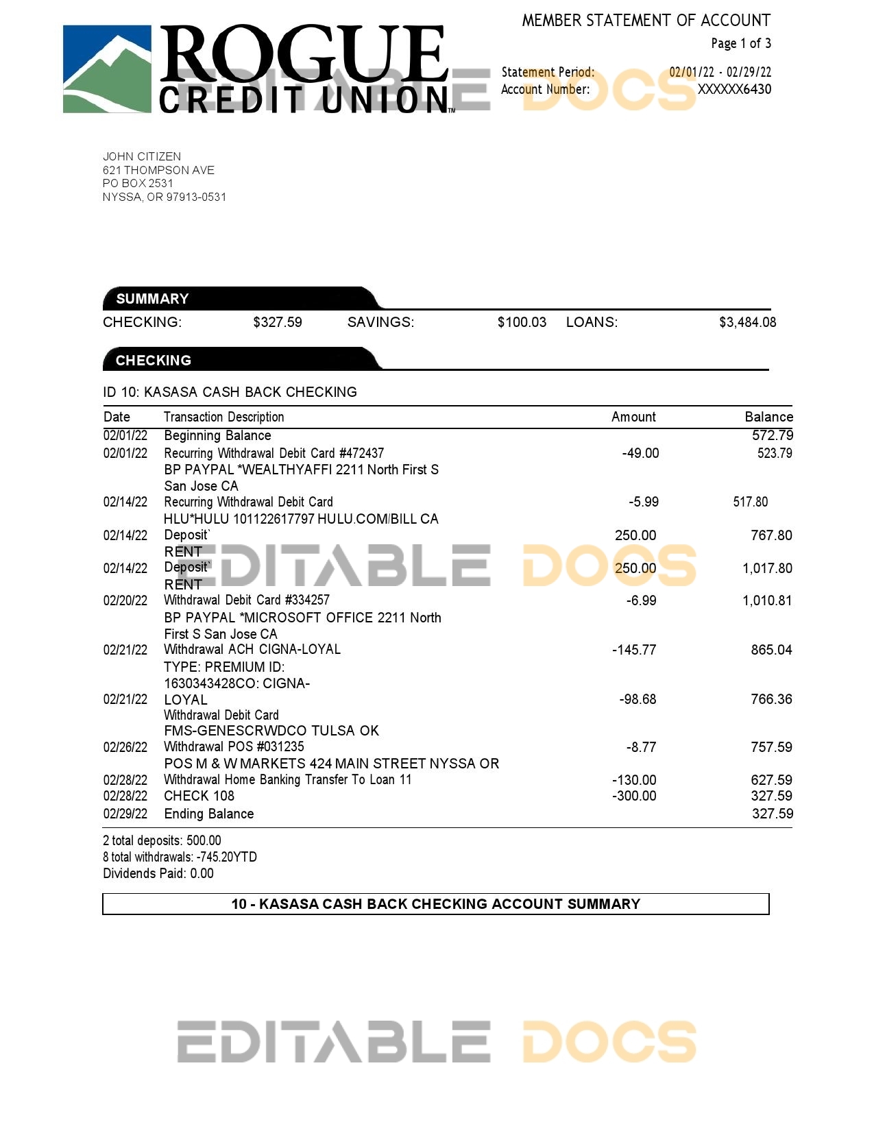 USA Oregon Rogue bank statement, Word and PDF template, 3 pages