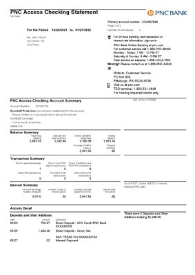 USA PNC bank statement, Word and PDF template, 2 pages