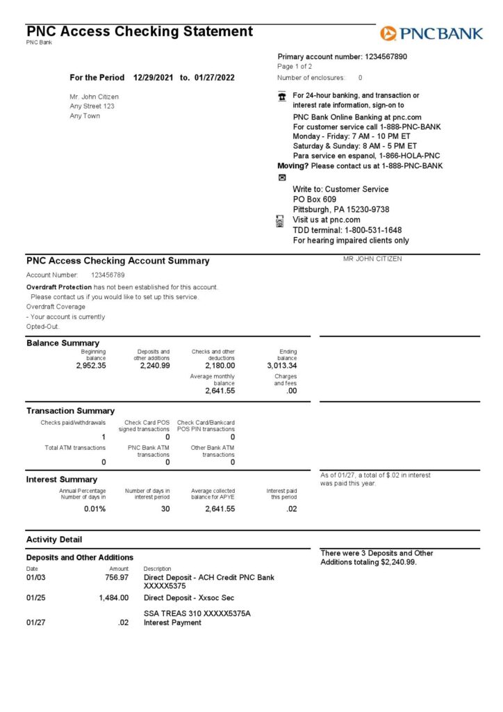 USA PNC bank statement, Word and PDF template, 2 pages
