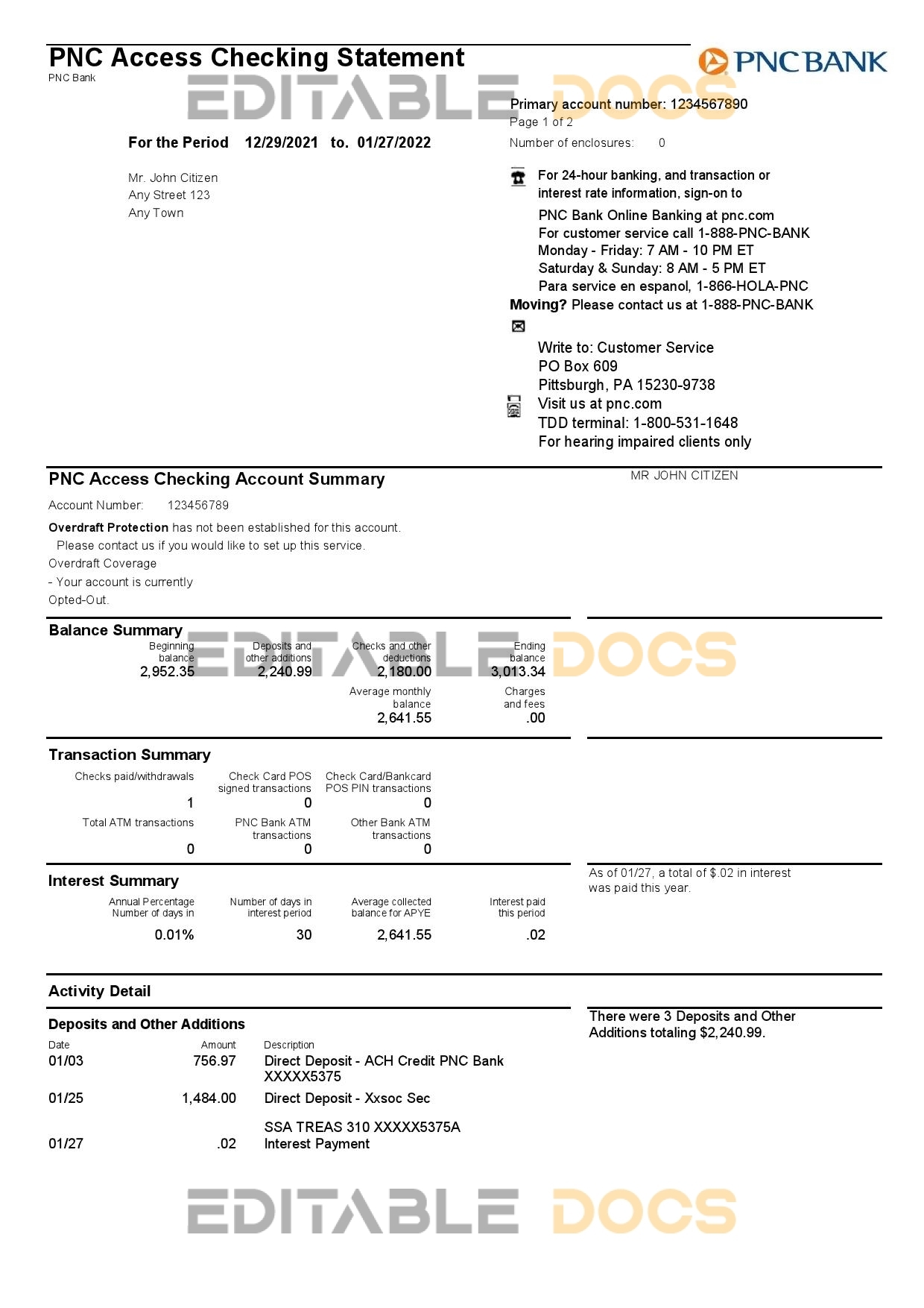 USA PNC bank statement, Word and PDF template, 2 pages