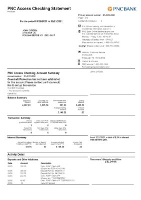 USA PNC bank statement template in Word and PDF format, 2 pages