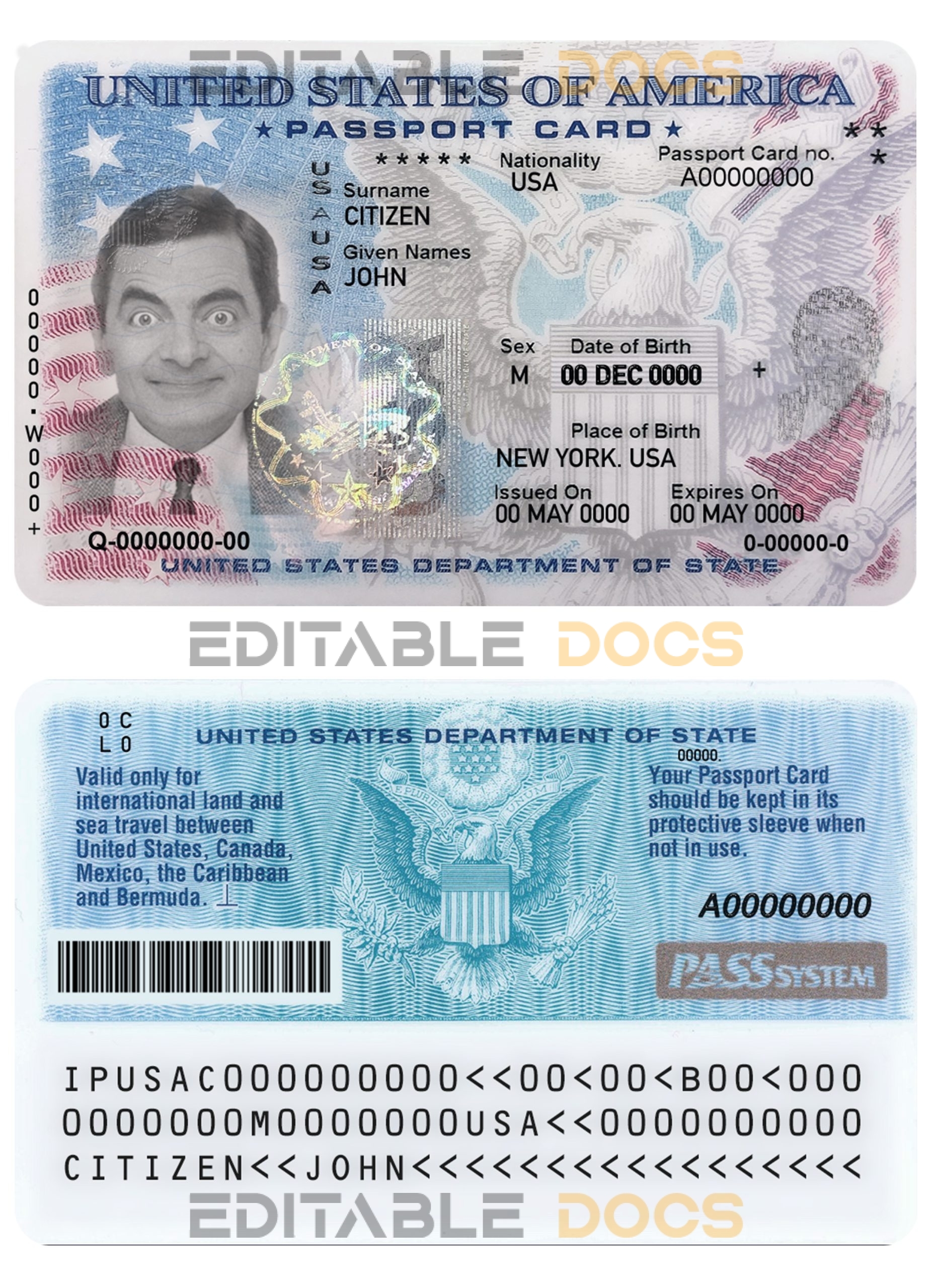 USA passport ID card template in PSD format, fully editable