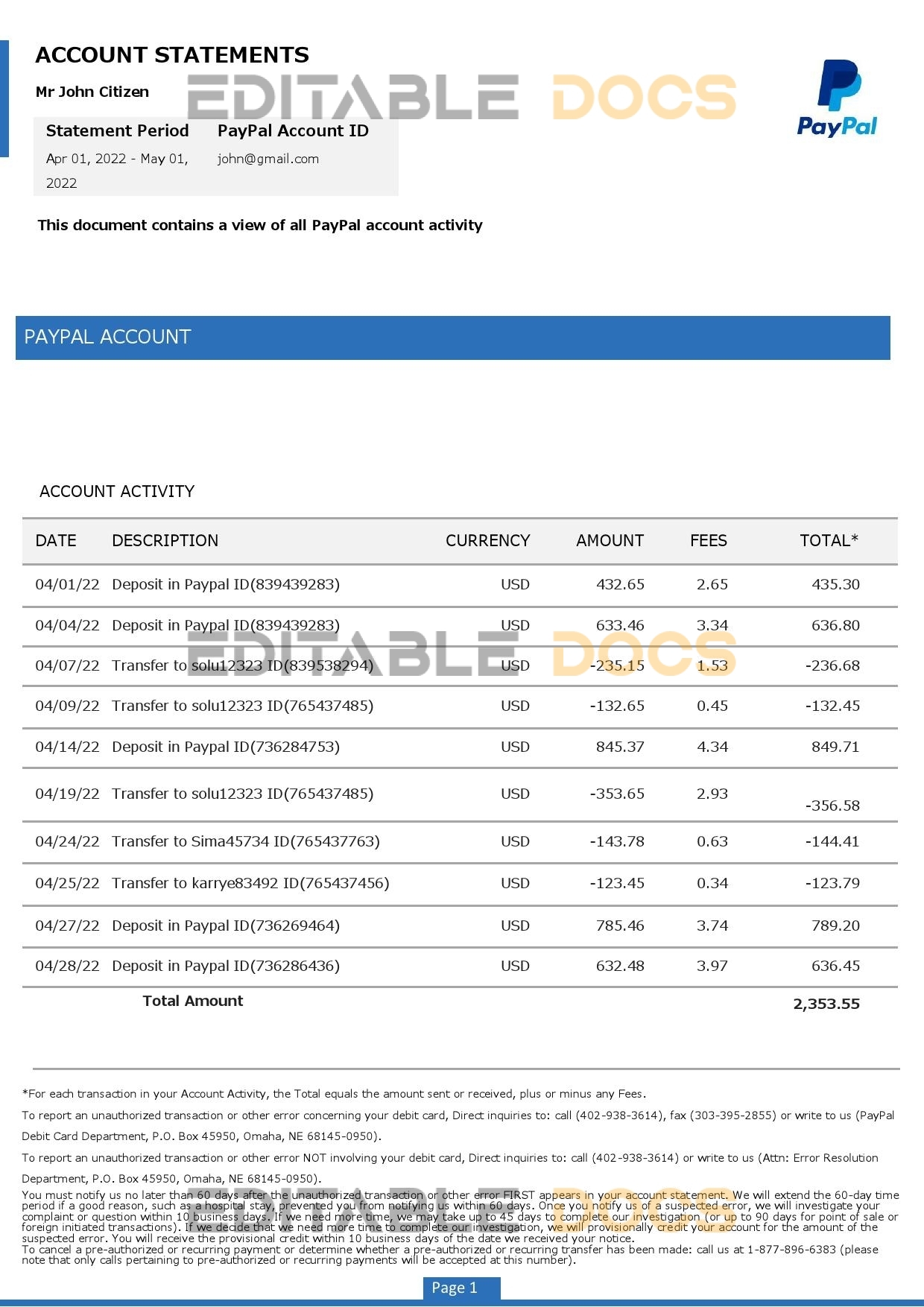 USA PayPal account statement Word and PDF template