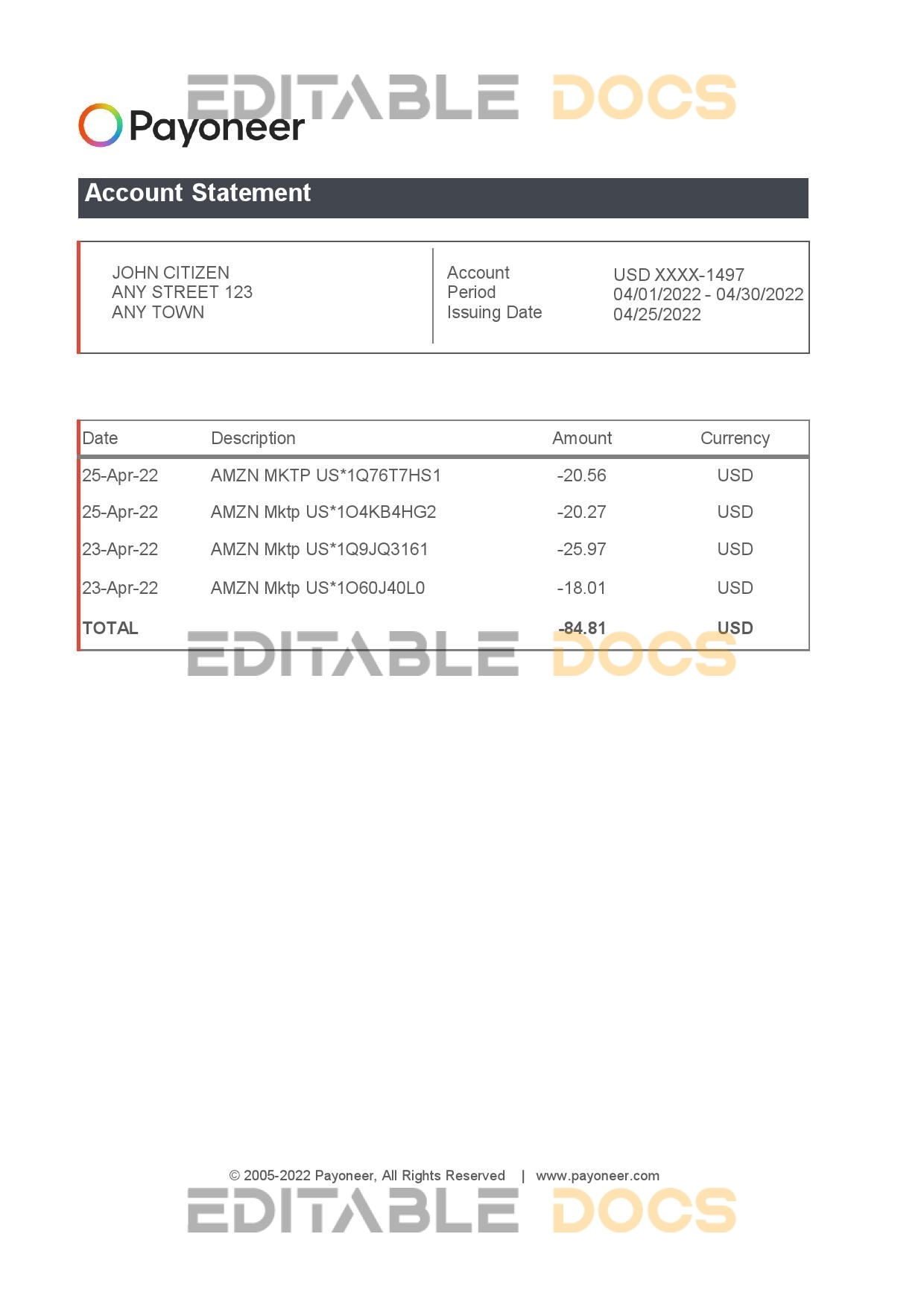USA Payoneer account statement Excel and PDF template