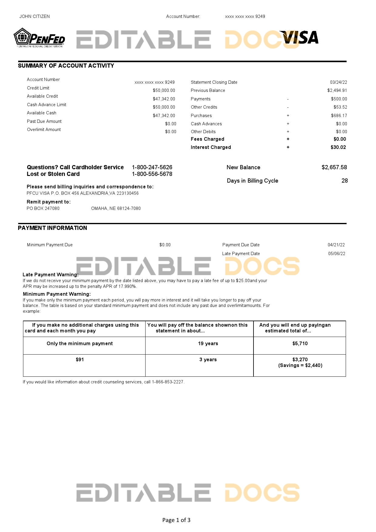 USA Pentagon Federal Credit Union (PenFed) bank statement, Word and PDF template, 3 pages
