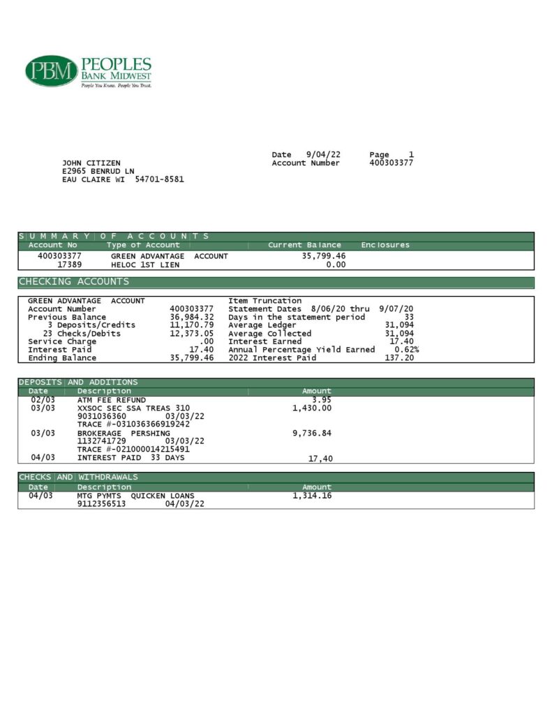 USA Peoples Bank Midwest (PBM) bank statement Word and PDF template, 5 pages 5