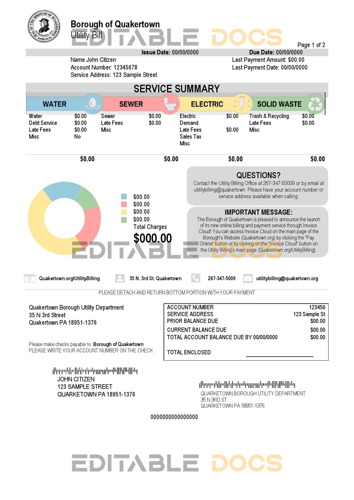 USA Pennsylvania Quakertown Borough utility bill template in Word and PDF format