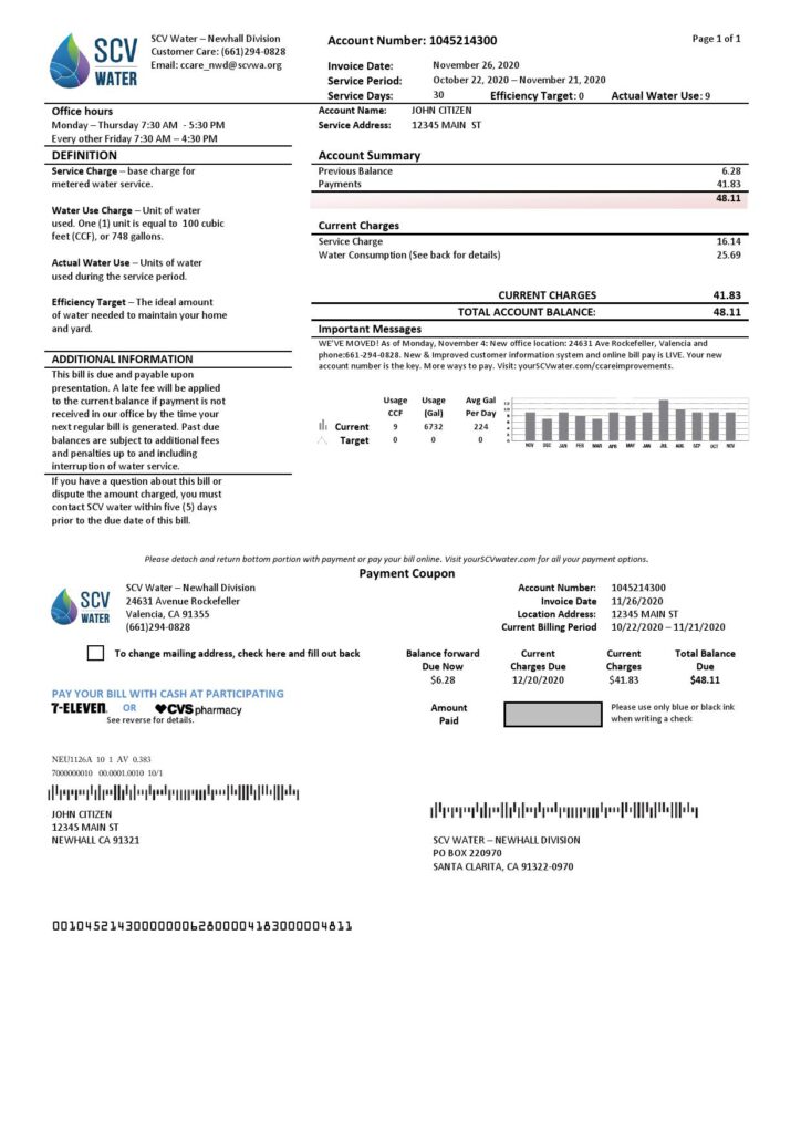 USA California Santa Clarita SCV Water utility bill template in Word and PDF format