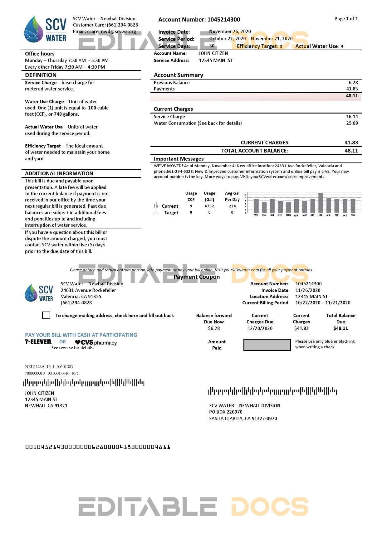 USA California Santa Clarita SCV Water utility bill template in Word and PDF format