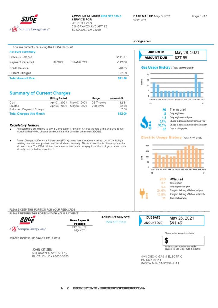USA California San Diego Gas & Electric (SDG&E) utility bill template in Word and PDF format