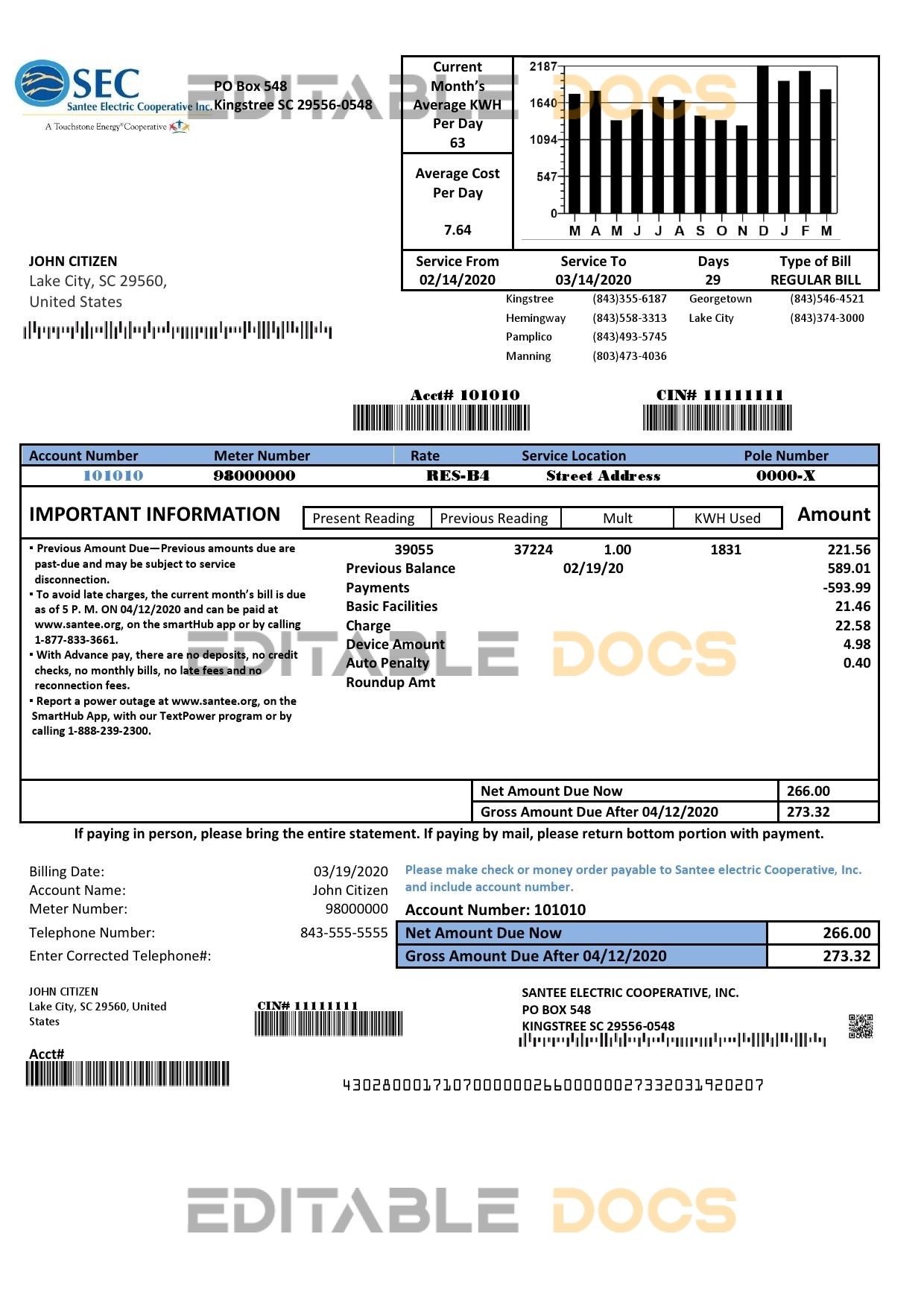 USA South Carolina Santee Electric Cooperative (SEC) proof of address utility bill template in Word and PDF format