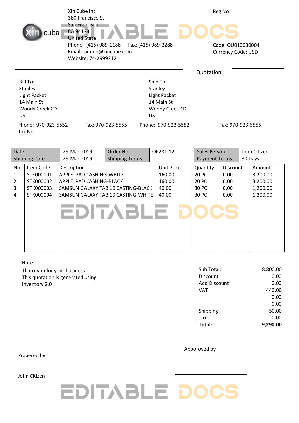 USA San Francisco Xincube utility bill template in Word and PDF format