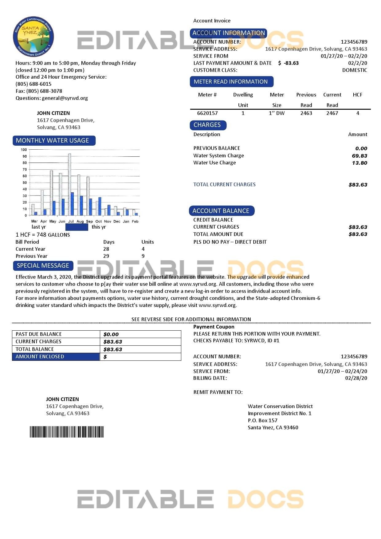 USA California Santa Ynez water utility bill template in Word and PDF format