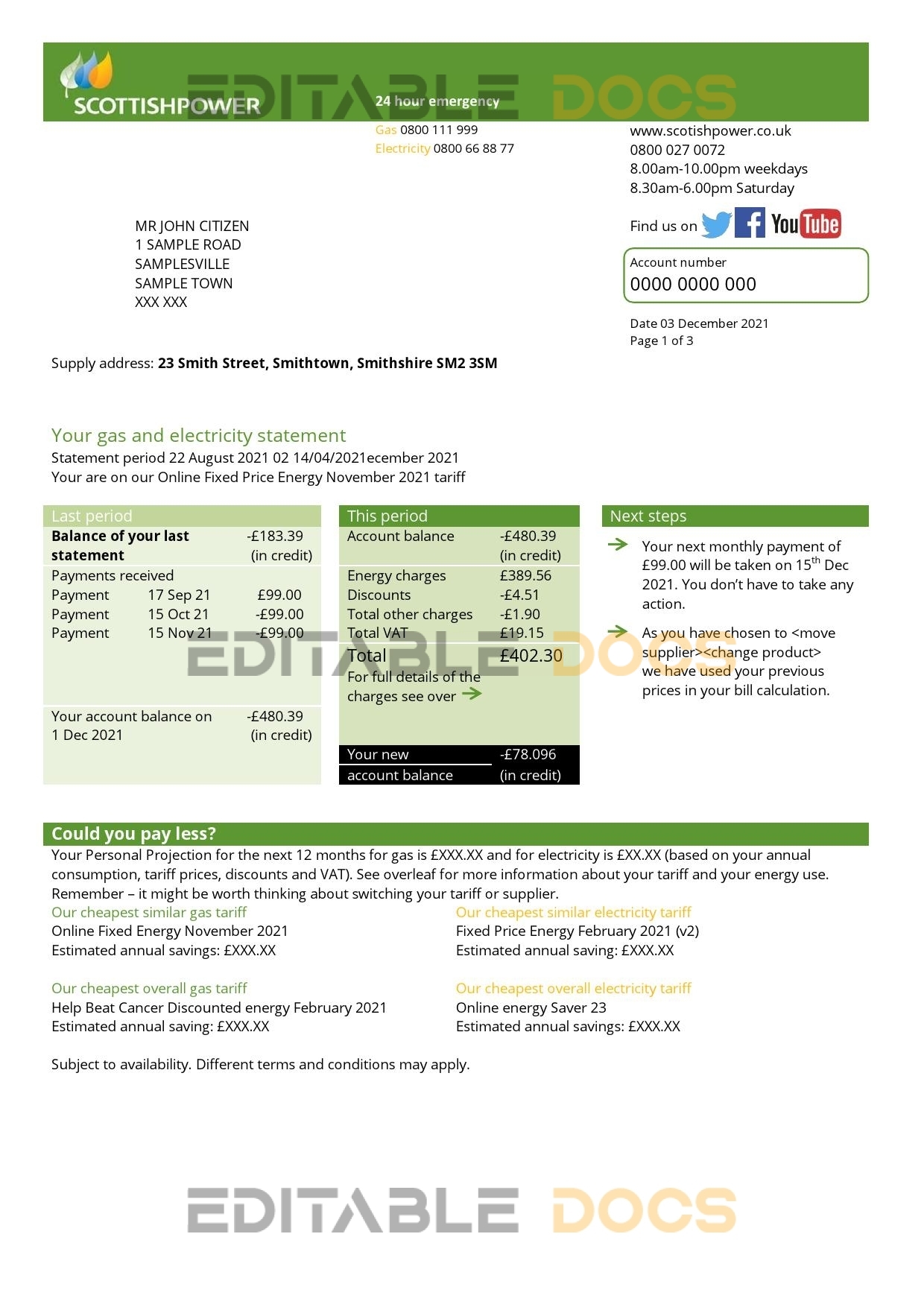 USA ScottishPower utility bill template in Word and PDF format (3 pages)
