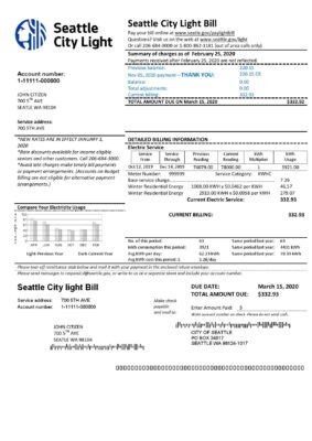 USA Washington Seattle City Light utility bill template in Word and PDF format