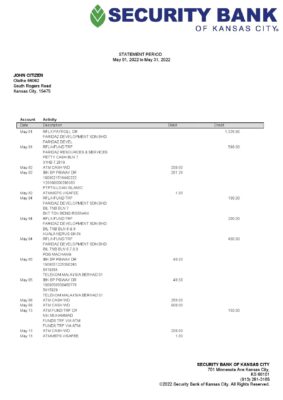 USA Security Bank of Kansas city bank statement Word and PDF template