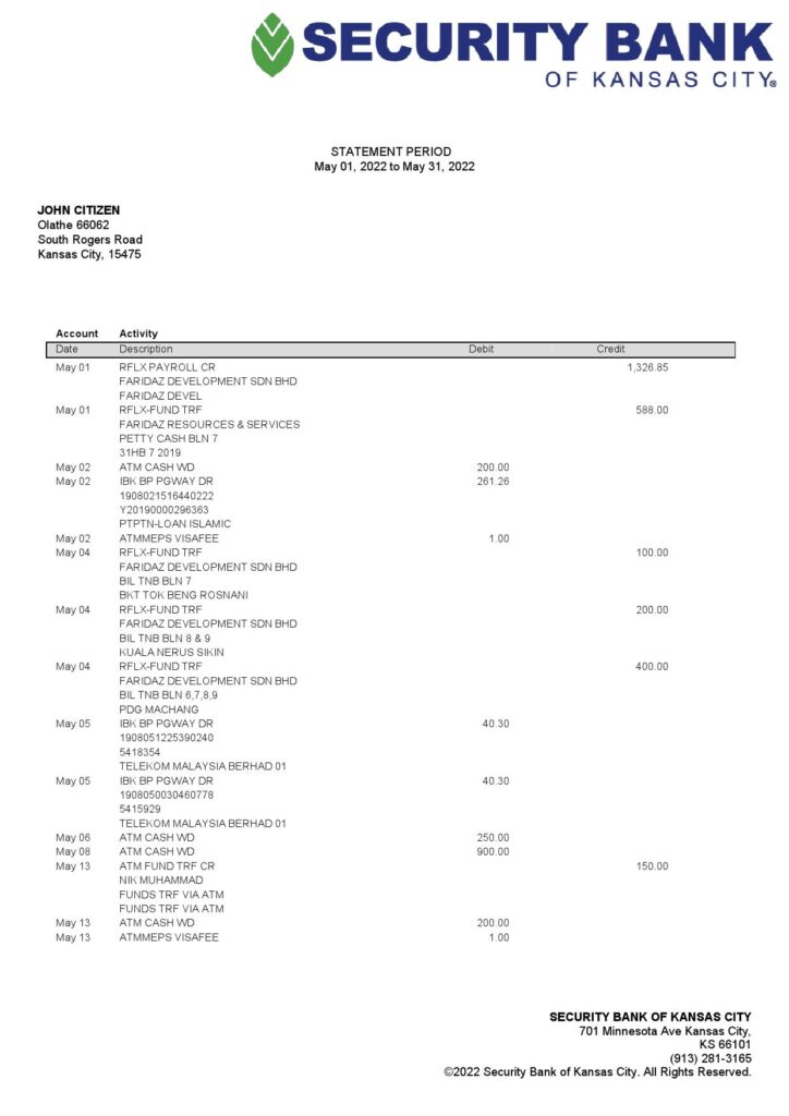 USA Security Bank of Kansas city bank statement Word and PDF template
