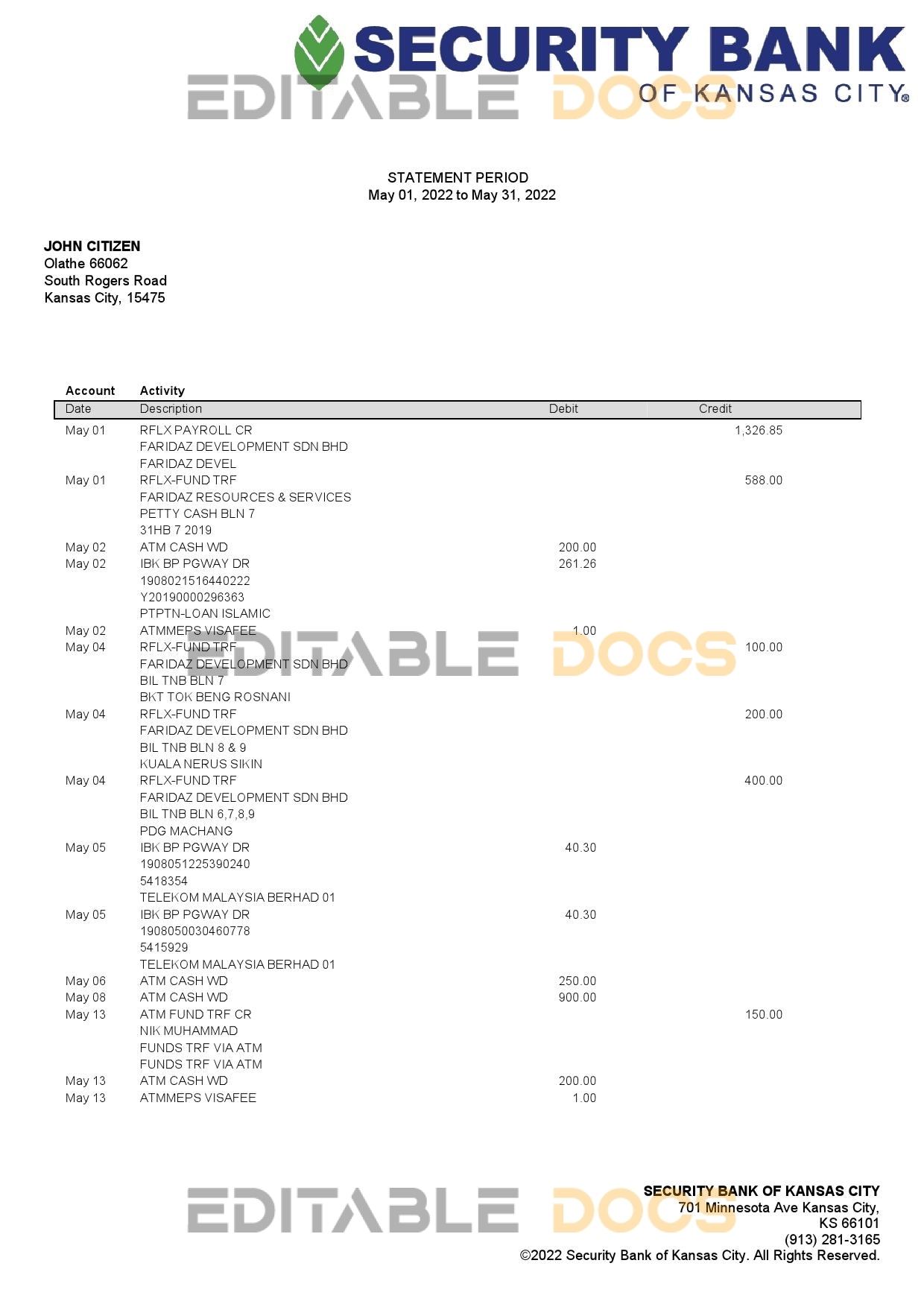 USA Security Bank of Kansas city bank statement Word and PDF template