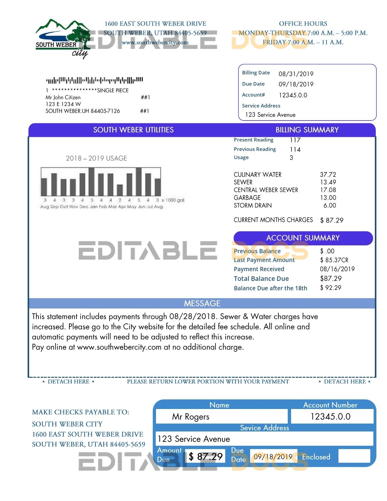 USA South Weber City Utah water utility bill template in Word and PDF format