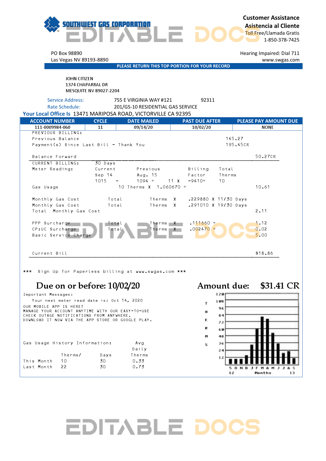 USA Nevada Southwest gas Corporation utility bill template in Word and PDF format