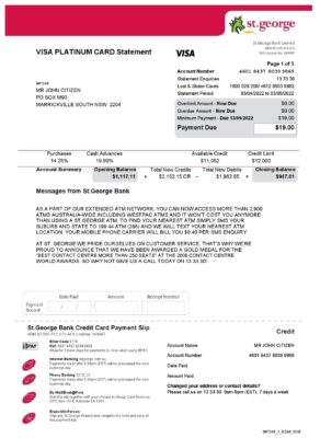 USA St. George bank visa card statement, Word and PDF template, 3 pages