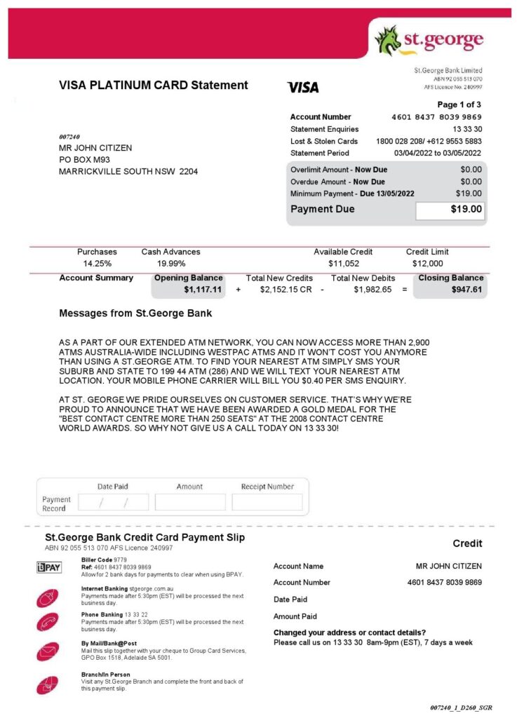 USA St. George bank visa card statement, Word and PDF template, 3 pages 1