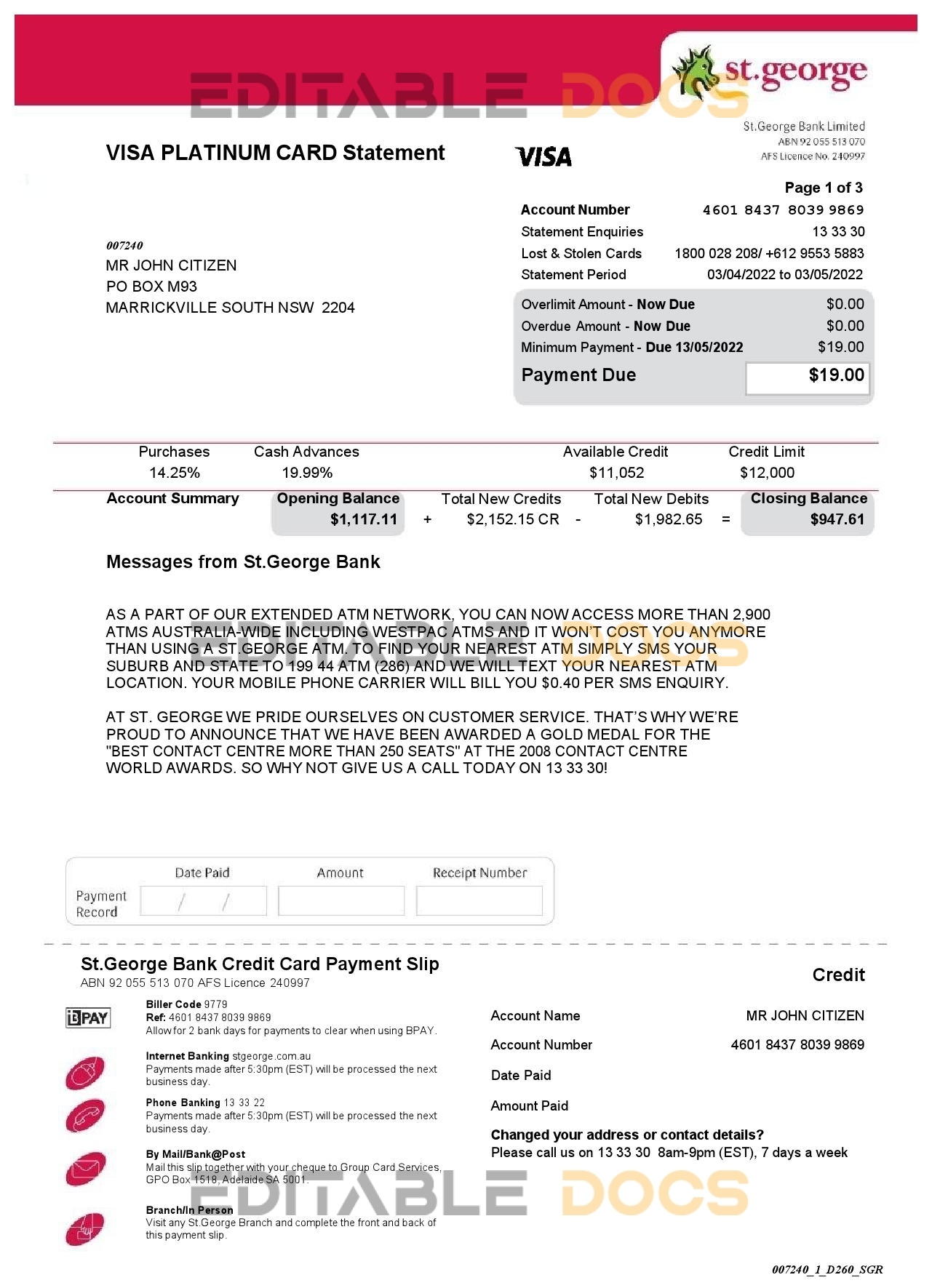 USA St. George bank visa card statement, Word and PDF template, 3 pages