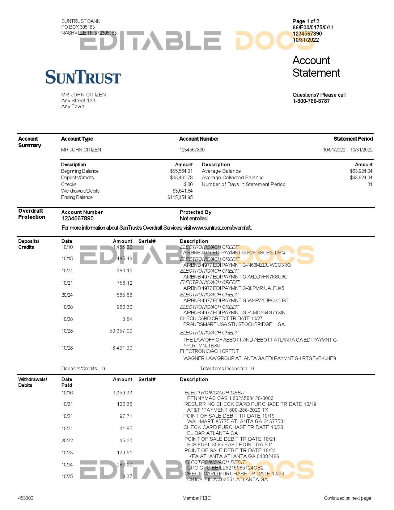 USA SunTrust bank statement, Word and PDF template, 2 pages