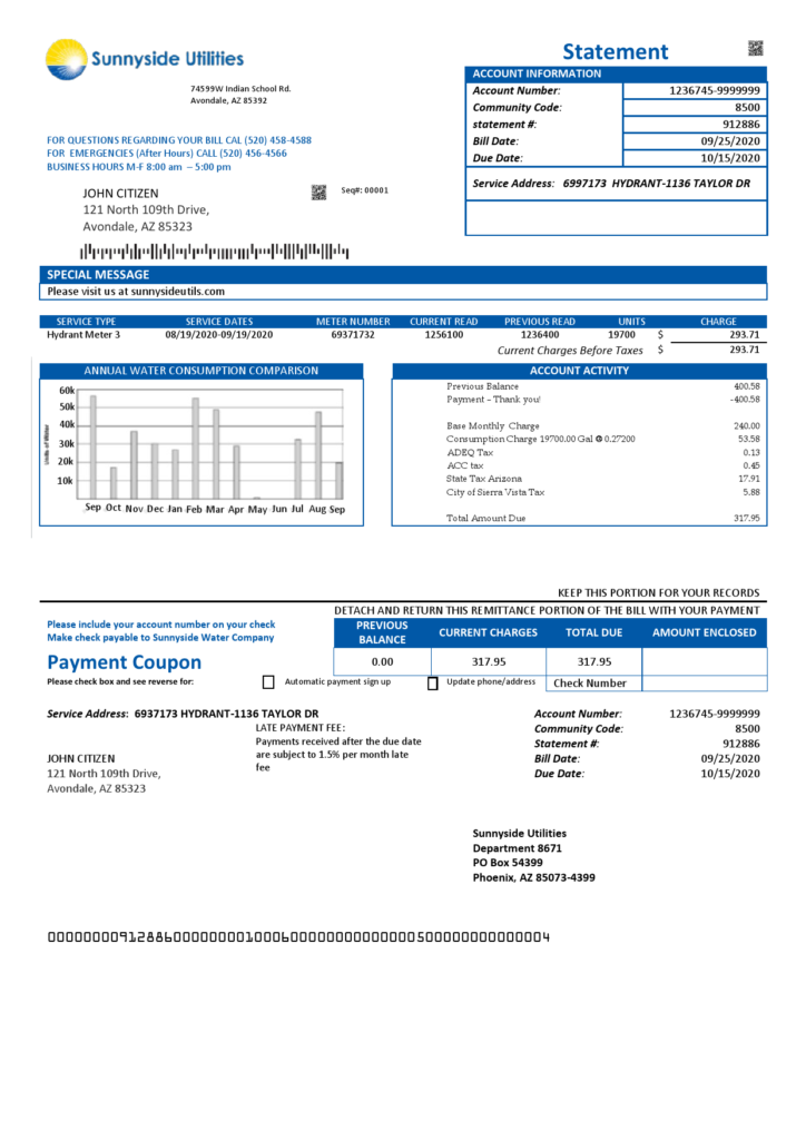 USA Washington Sunnyside Utilities water utility bill template in Word and PDF format