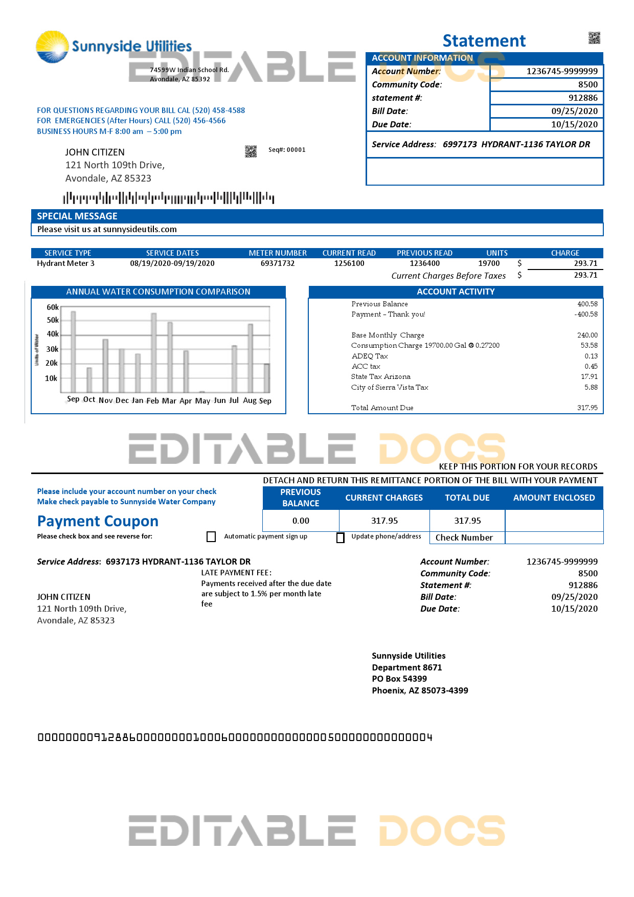 USA Washington Sunnyside Utilities water utility bill template in Word and PDF format