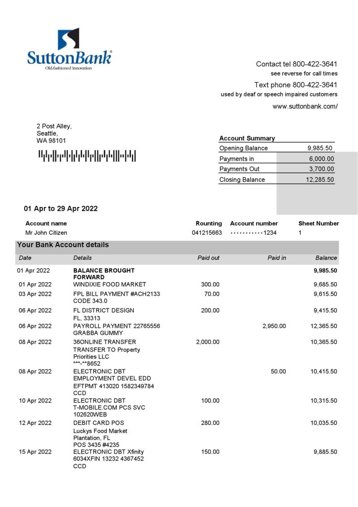 USA Sutton bank statement Word and PDF template, 2 pages
