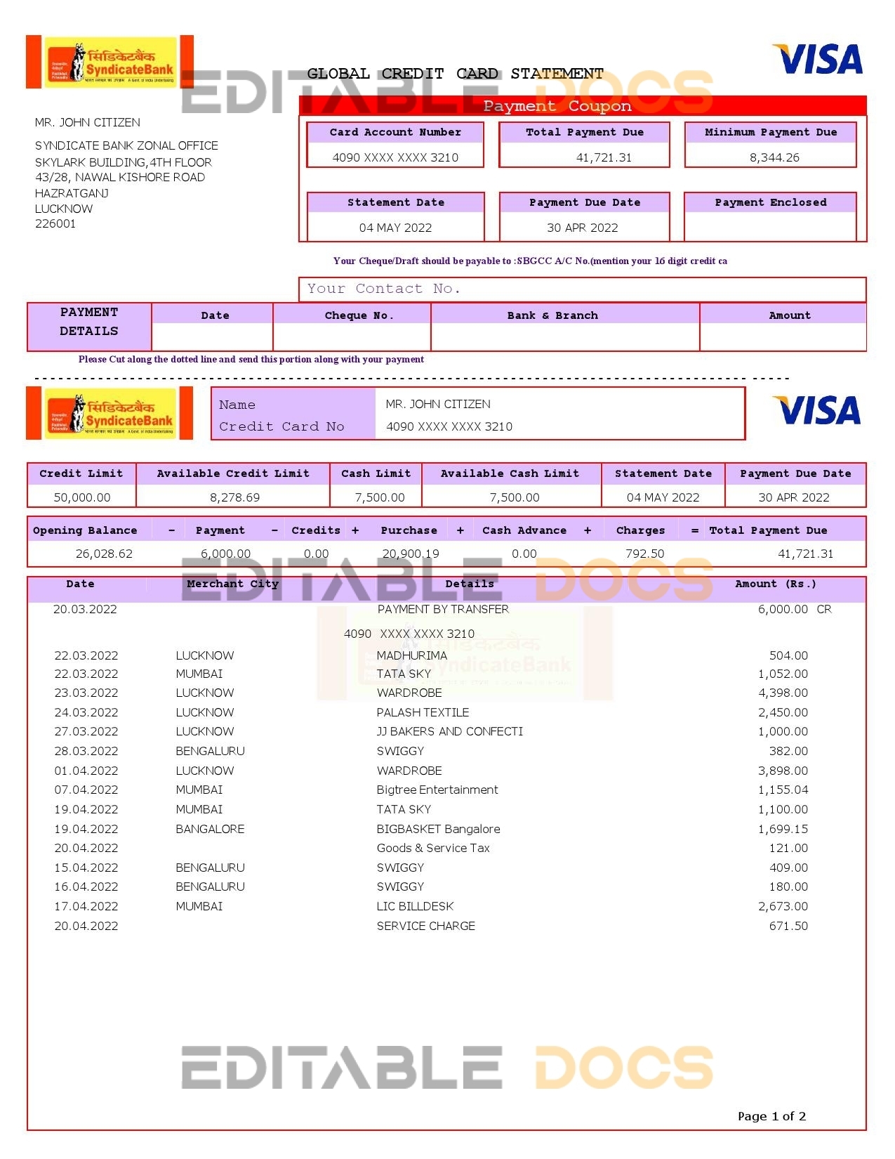 USA Syndicate bank credit card statement, Word and PDF template, 3 pages