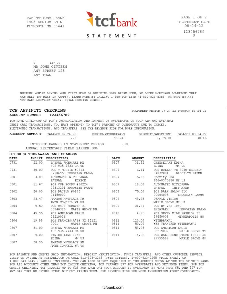 USA TCF bank statement, Word and PDF template, 3 pages