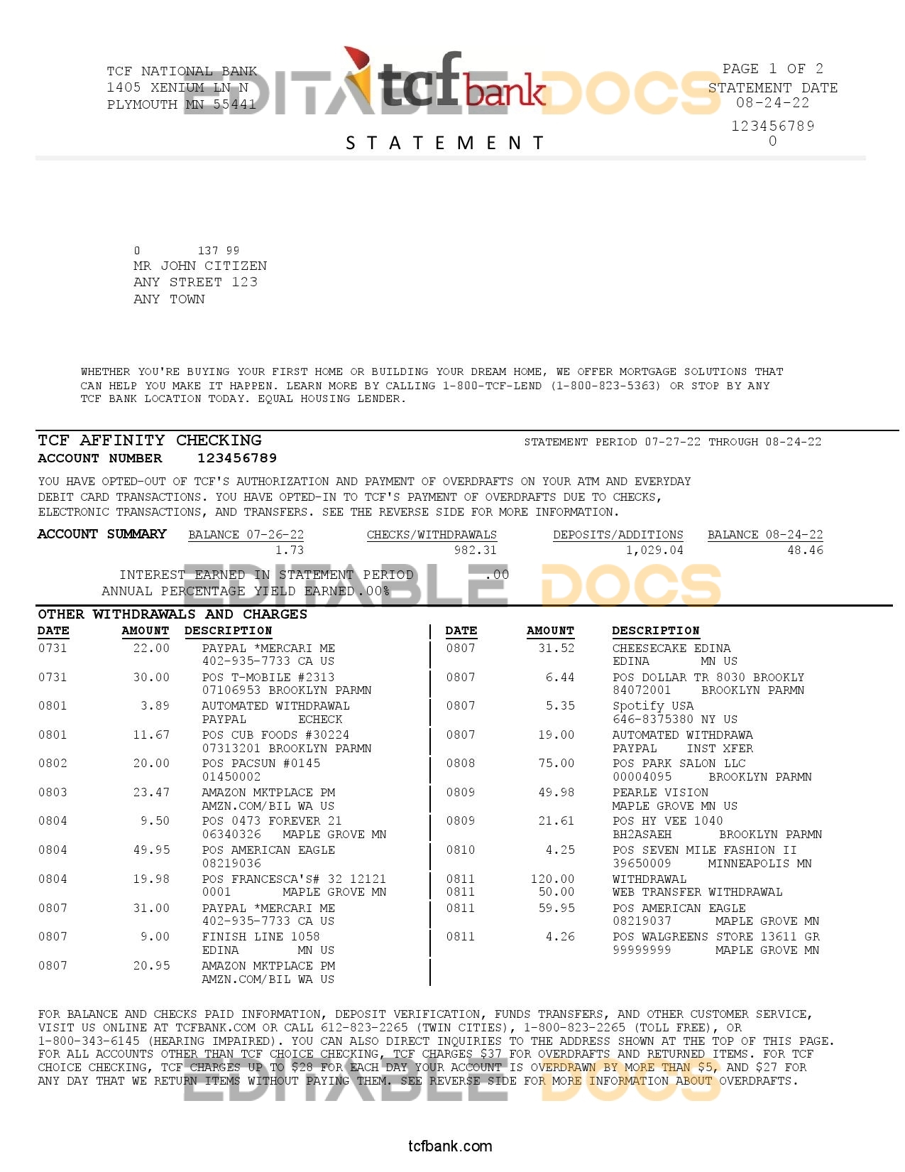 USA TCF bank statement, Word and PDF template, 3 pages