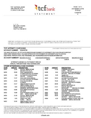 USA Editable Templates 10 USA TCF bank statement, Word and PDF template, 3 pages