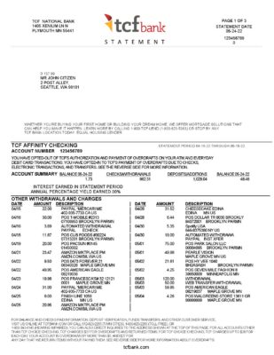 USA TCF bank statement, Word and PDF template, 3 pages