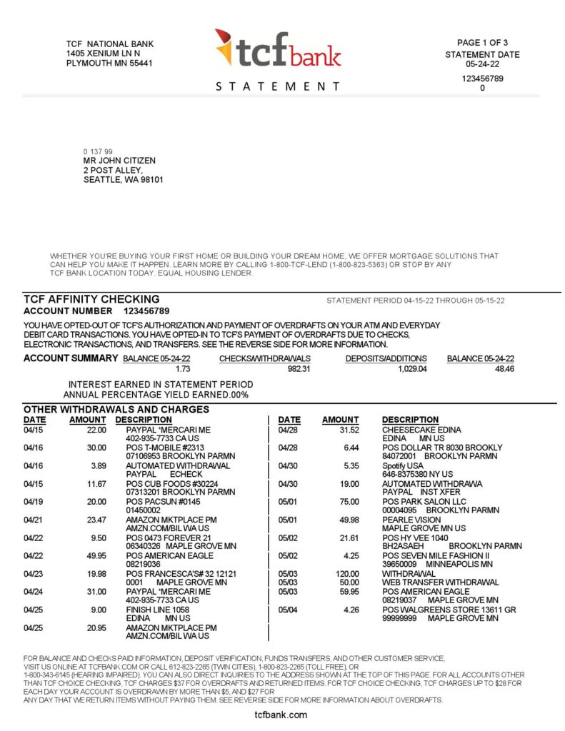 USA TCF bank statement, Word and PDF template, 3 pages