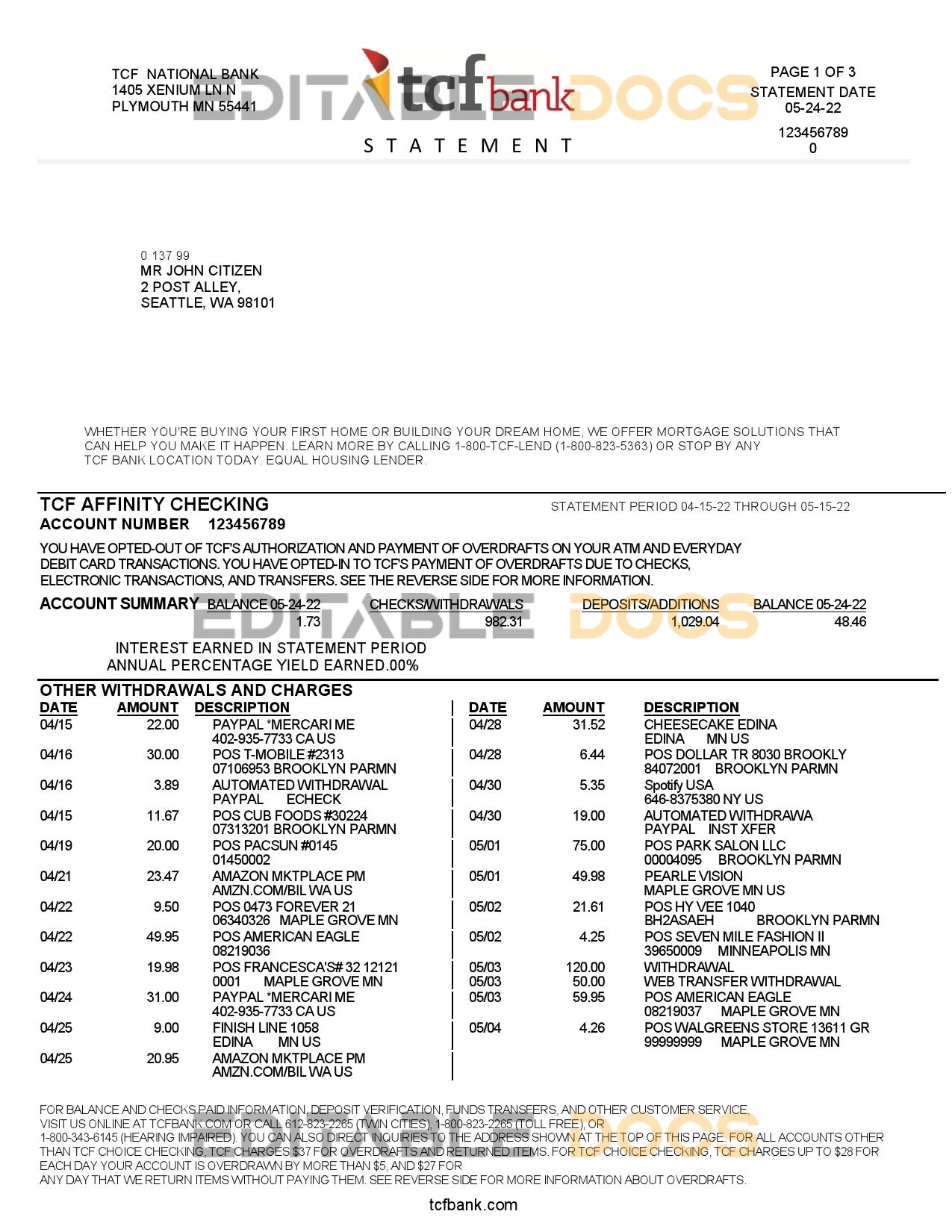 USA TCF bank statement, Word and PDF template, 3 pages