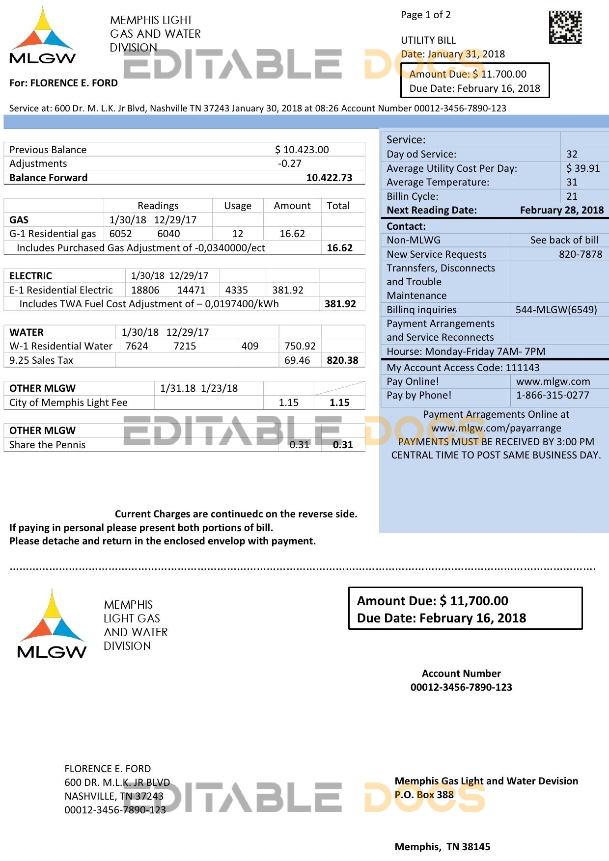 USA Tennessee MLGW utility bill template in Word and PDF format