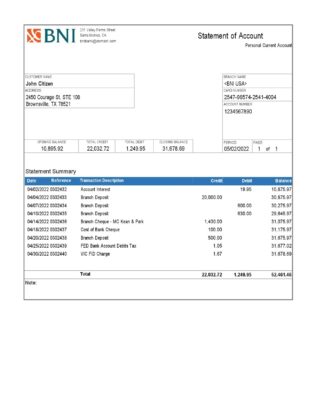 USA Texas BNI bank account statement Word and PDF template