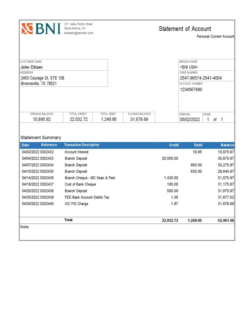 USA Texas BNI bank account statement Word and PDF template