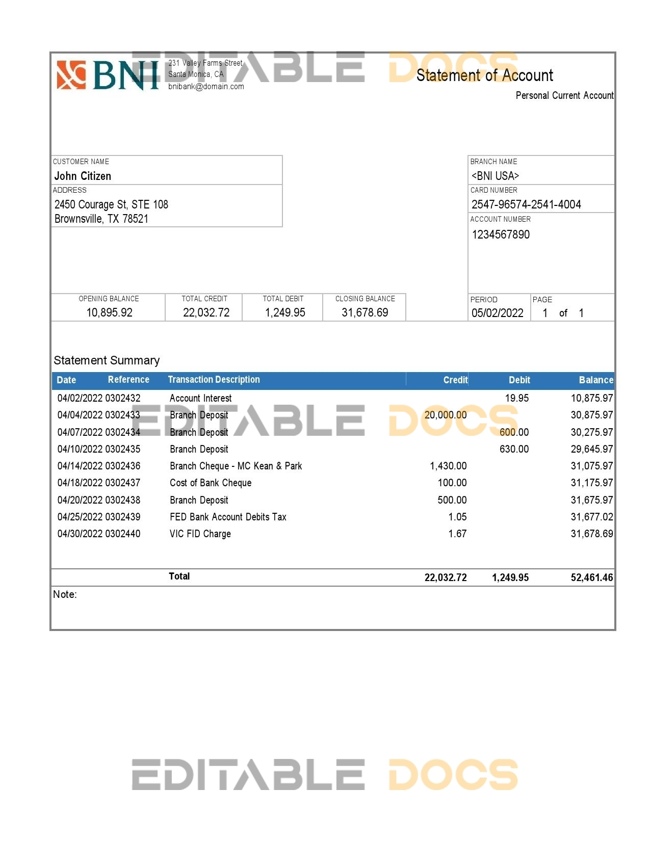 USA Texas BNI bank account statement Word and PDF template