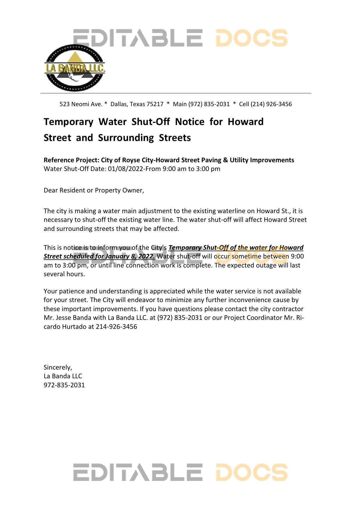 USA Texas La Banda utility water shut off notice, Word and PDF template
