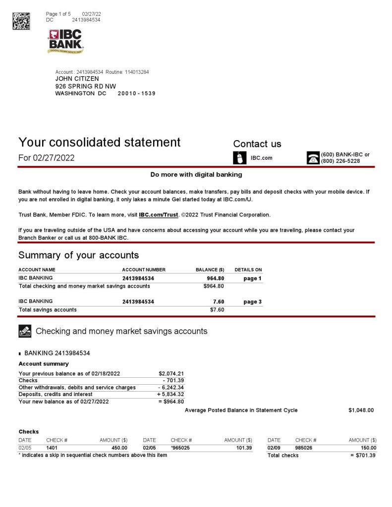 USA Texas IBC bank statement Word and PDF template, 5 pages 1