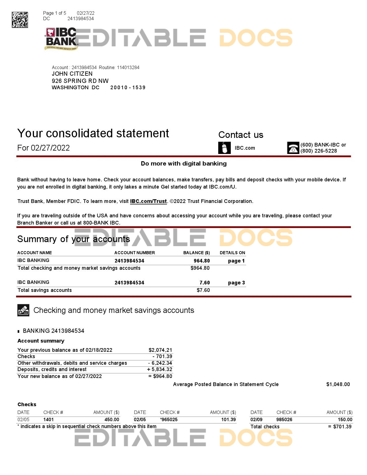 USA Texas IBC bank statement Word and PDF template, 5 pages