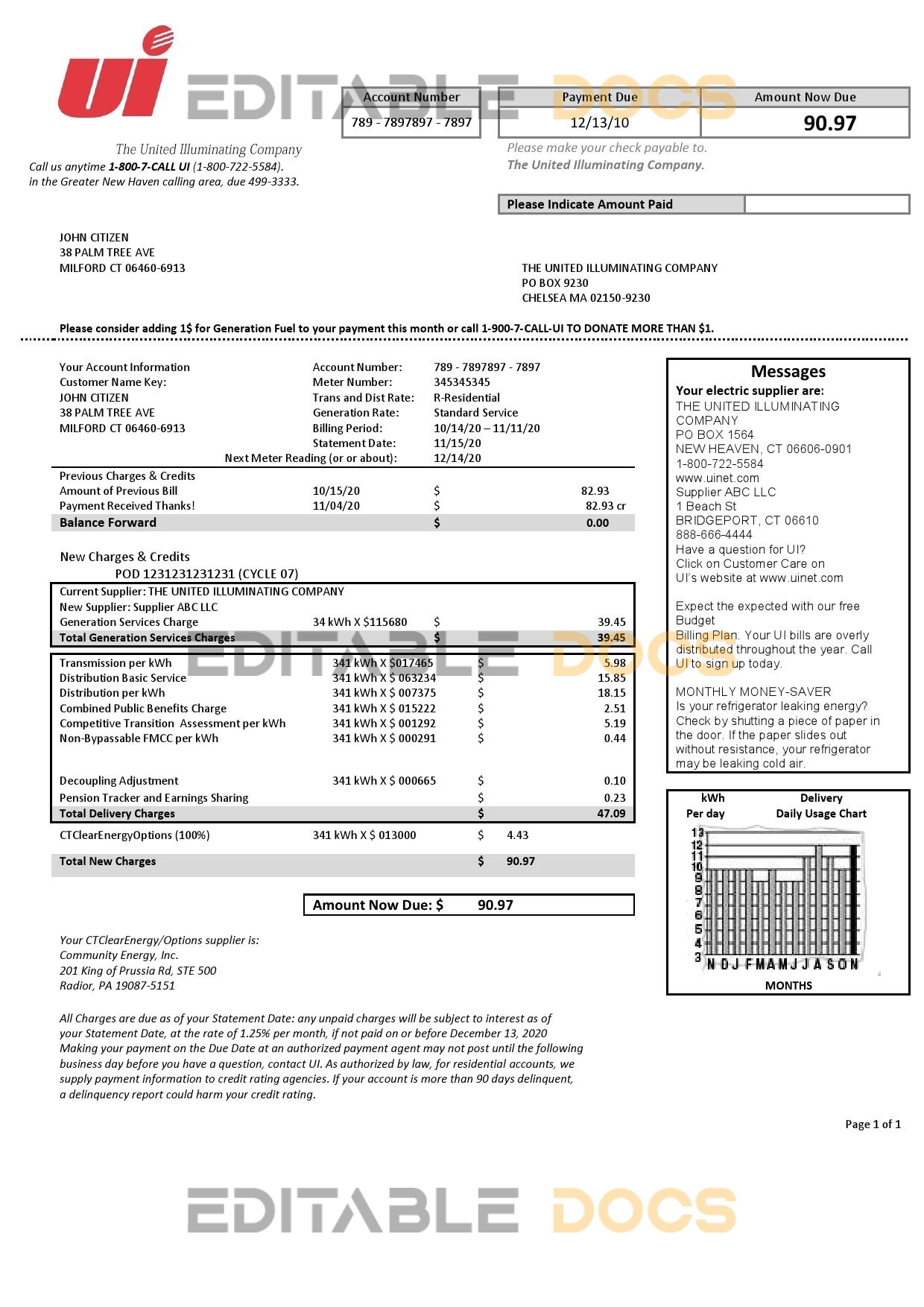 USA Connecticut The United Illuminating Company electricity utility bill template in Word and PDF format