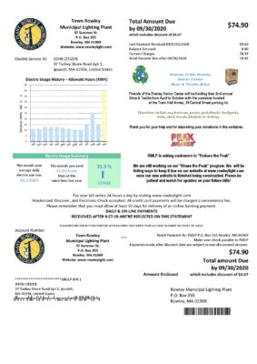 USA Massachusetts Town of Rowley Municipal Lighting Plant electricity utility bill template in Word and PDF format