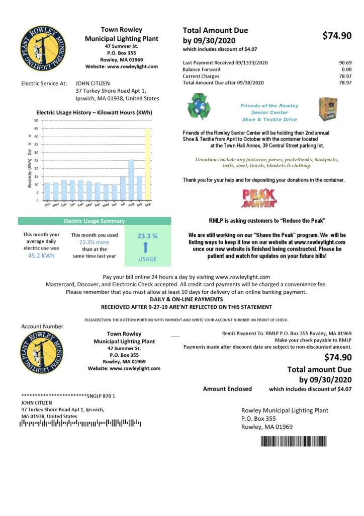 USA Massachusetts Town of Rowley Municipal Lighting Plant electricity utility bill template in Word and PDF format